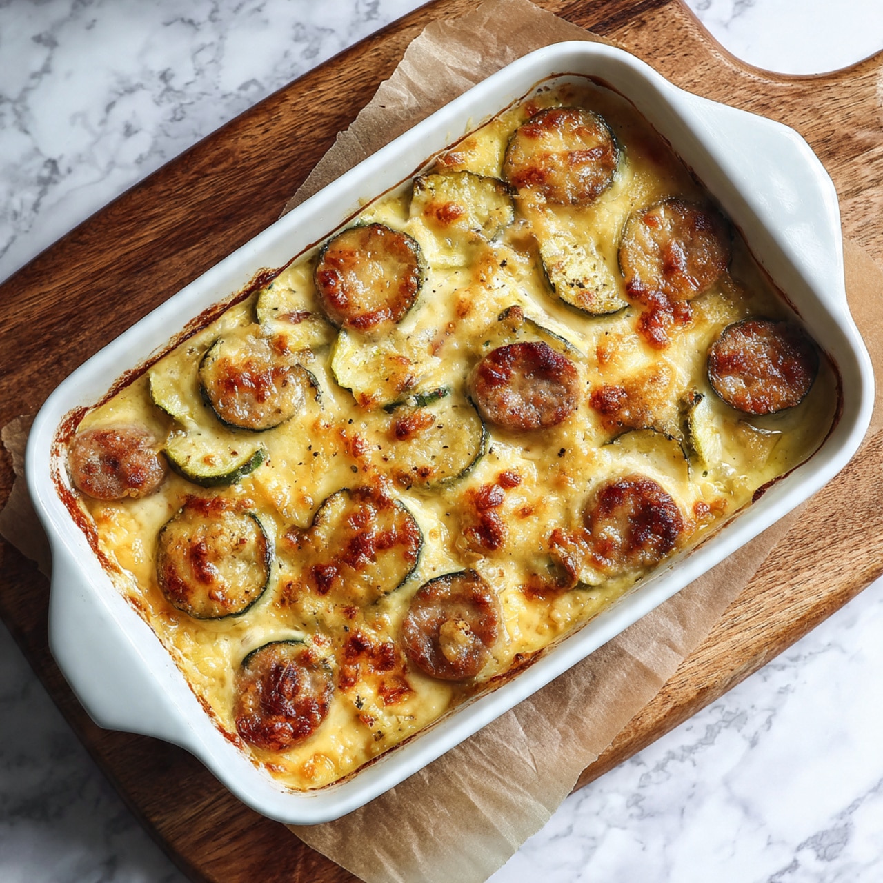 This image shows a white rectangular baking dish filled with a baked casserole. The top layer has golden melted cheese scattered with slices of browned zucchini. Underneath, there appears to be a thick sauce with red pieces, likely tomatoes, and browned bits that resemble cooked meat. The dish sits on white parchment paper over a wooden board, and the background shows a white marbled surface with some green zucchini and leafy herbs blurred out. The overall look is warm and hearty, with colors of yellow, green, red, and brown. photo taken with an iphone --ar 4:5 --v 7