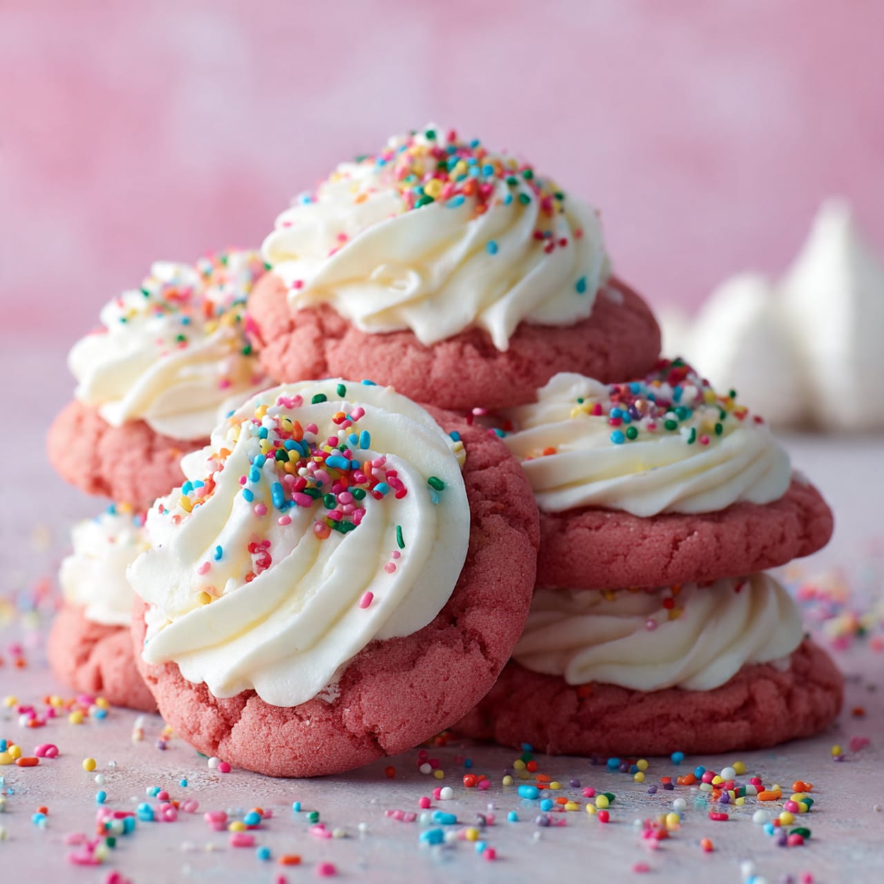 Several round pink cookies lay on a white marbled surface, each cookie topped with a swirl of smooth white frosting. Colorful sprinkles in green, pink, red, and white scatter on top of the frosting, adding bright spots of color. A white piping bag rests nearby on a black and white checkered cloth, with some loose sprinkles spilled next to it. The frosting swirls are thick and creamy, sitting neatly on the soft-looking pink cookies. Photo taken with an iphone --ar 4:5 --v 7