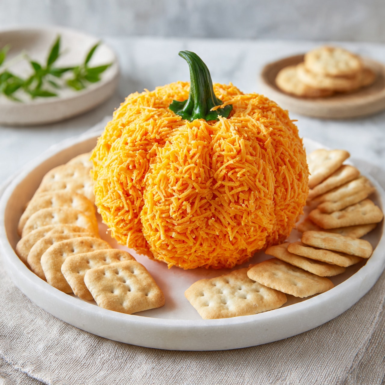 In the image, a white plate holds a cheese ball shaped like a small pumpkin in the center, with a bright orange color and textured surface resembling shredded cheese, topped by a green stem. Around the cheese pumpkin, there are two layers of crackers; the back layer is round crackers in a neat semi-circle, while the front layer is square crackers arranged in rows, both light beige in color and making a fan shape around the cheese. The plate sits on a white marbled surface with a tan cloth and a white bead necklace in the background. Photo taken with an iphone --ar 4:5 --v 7