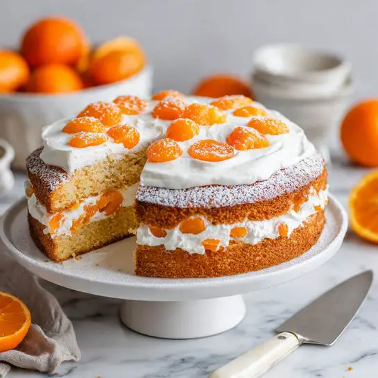 A two-layer round cake sits on a white cake stand with a white marbled surface beneath. The cake has a light golden-brown color for both layers. Between the layers, there is a thick white cream filled with bright orange pieces of fruit. The top layer is covered with a smooth white cream, decorated with evenly spaced orange fruit slices and a dusting of white powdered sugar. Around the cake, there are several whole small round orange fruits and a white spoon bowl filled with them in the blurred background. A cake server with a white handle rests next to the cake stand. Photo taken with an iphone --ar 4:5 --v 7