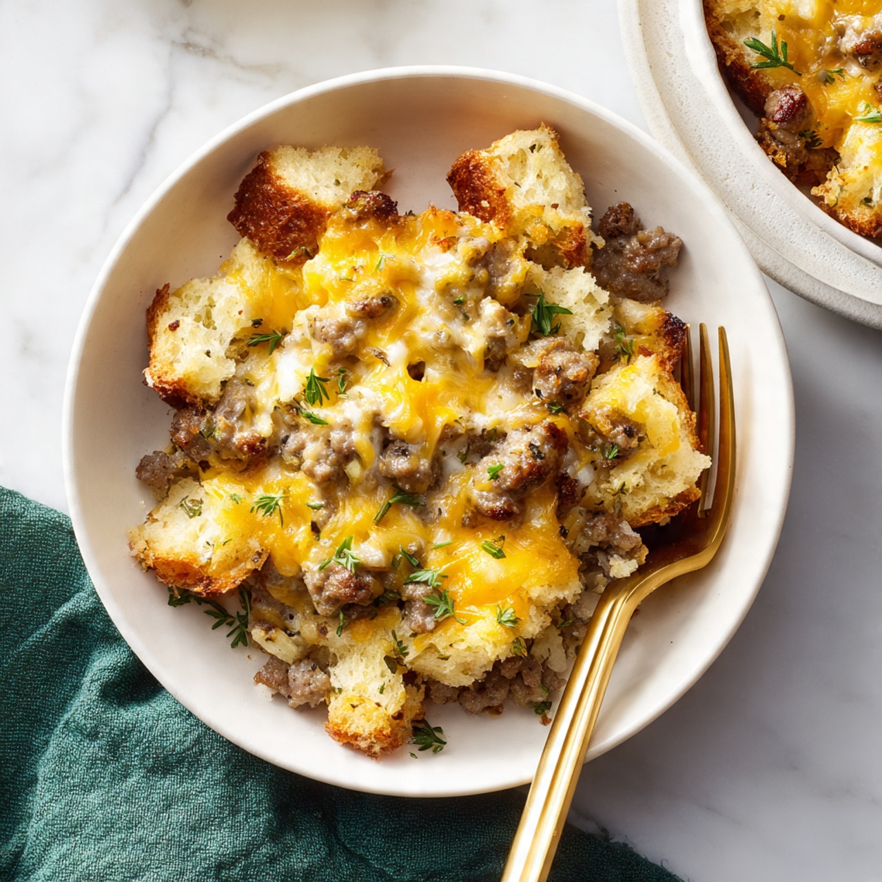 A close-up of a white bowl filled with a layered casserole, showing a mix of golden brown melted cheddar cheese on top, light beige bread pieces with a soft texture underneath, and browned small sausage crumbles scattered throughout the dish. A gold fork rests on the right side, partially inserted into the casserole. The bowl sits on a white marbled surface with a green cloth visible in the corner, and part of another white bowl with more casserole is seen in the top right corner. Photo taken with an iphone --ar 4:5 --v 7