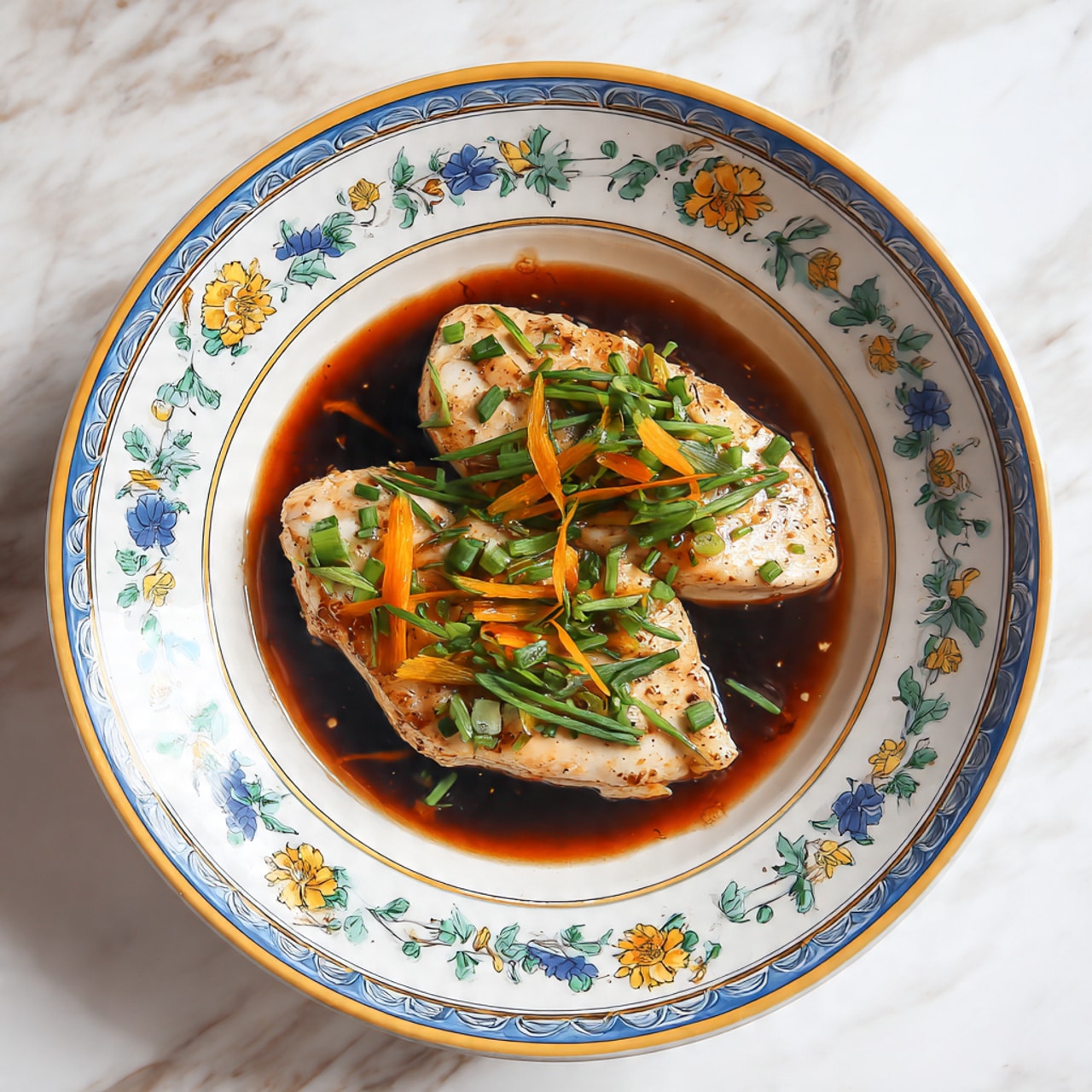 The dish shows several pieces of light pink cooked fish placed in the center of a white bowl with blue and white floral patterns. On top of the fish, there are thin strips of yellow and green vegetables, mainly scallions and carrots, scattered evenly. The fish and vegetables sit in a dark brown sauce that partially fills the bowl, making the dish look shiny and moist. The bowl is set on a white marbled surface. photo taken with an iphone --ar 4:5 --v 7