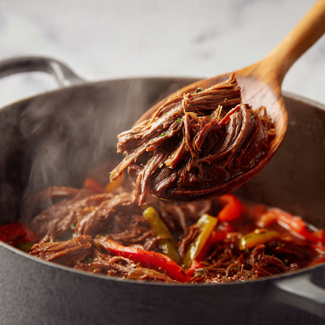 Crock Pot Italian Beef Sandwiches Recipe 4 A close-up of shredded brown cooked meat with soft texture lifted on a wooden spoon above a black pot, mixed with light green sliced peppers scattered throughout the meat, with steam rising from the dish, all placed on a white marbled surface photo taken with an iphone --ar 4:5 --v 7