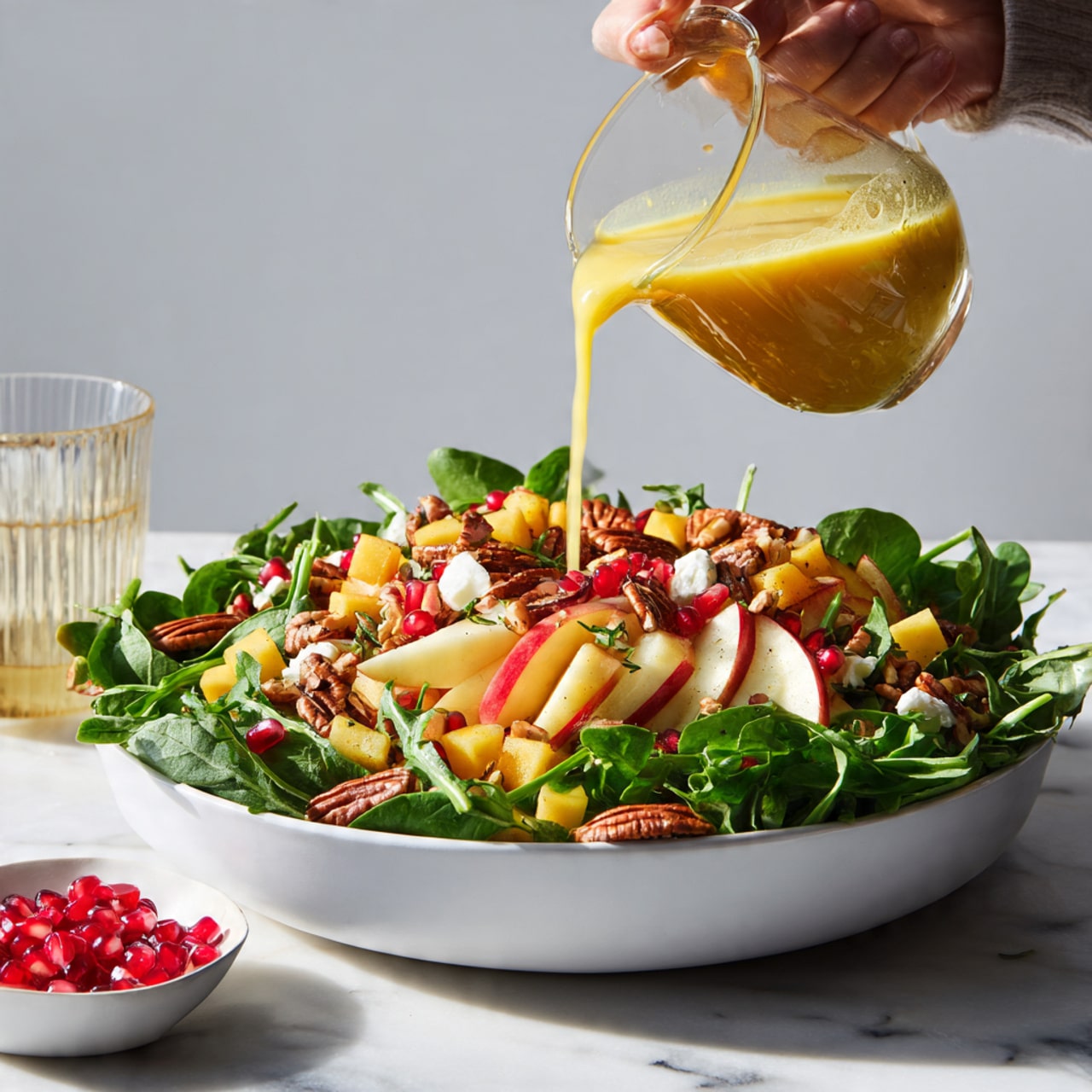 A white shallow round dish with mixed salad layers starting with green leafy spinach and arugula at the bottom, topped with cubed orange pieces, red pomegranate seeds, small white cheese crumbles, chopped red apple pieces, and brown pecans evenly spread throughout. A woman's hand is pouring yellow dressing from a glass measuring cup over the colorful salad. In the background, there is a small white bowl with pomegranate seeds and a glass with more yellow dressing, all set on a white marbled surface. photo taken with an iphone --ar 4:5 --v 7