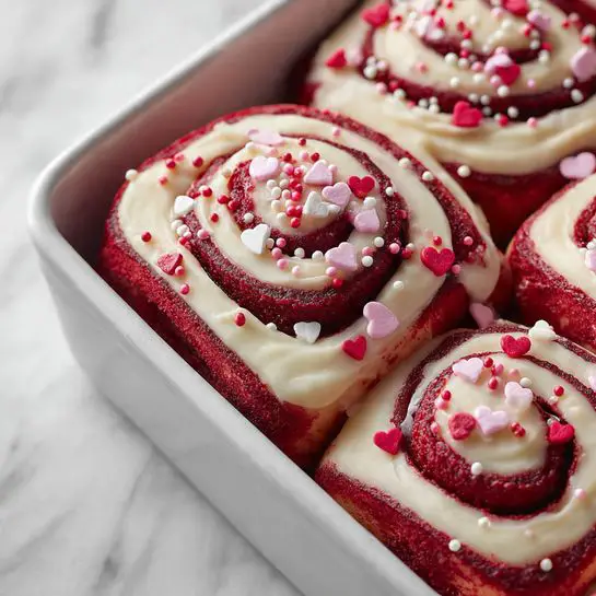 A close-up view of nine red spiral rolls arranged tightly in a white pan on a white marbled surface, each roll showing several layers of deep red dough and a darker red filling, all topped with smooth, creamy white icing that drips slightly down the sides; scattered on top are small decorations including pink, red, and white heart-shaped and round sprinkles, adding color and texture. One roll, positioned near the center, has a large bite taken out, revealing the soft, fluffy inside and the rich red filling beneath the icing. photo taken with an iphone --ar 4:5 --v 7