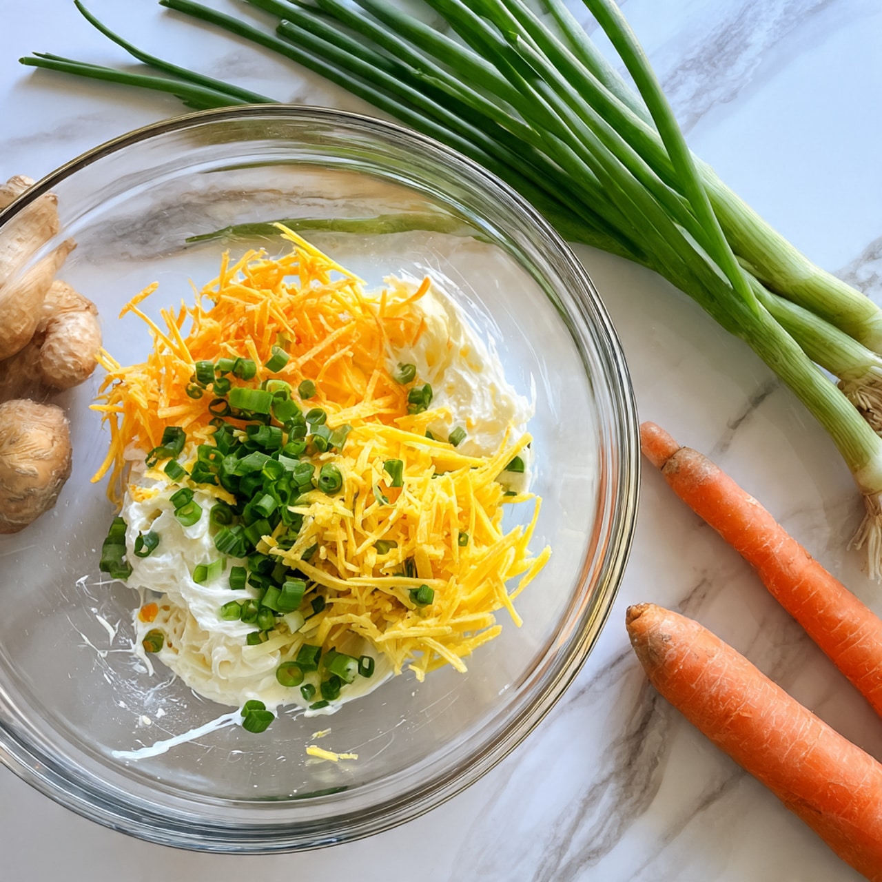 The image shows a clear glass bowl with three layers of ingredients inside. The bottom layer is a thick white sauce spread unevenly on the sides and bottom of the bowl. On one side of the bowl, there is a large pile of thin yellow strips that look like shredded cheese or vegetable. Below this, there is another pile of slightly brighter orange thin strips. On the opposite side of the orange strips, there is a small bunch of chopped green onion pieces. The bowl is placed on a white marbled surface, with a whole orange carrot and two green onions resting next to it. Photo taken with an iphone --ar 4:5 --v 7