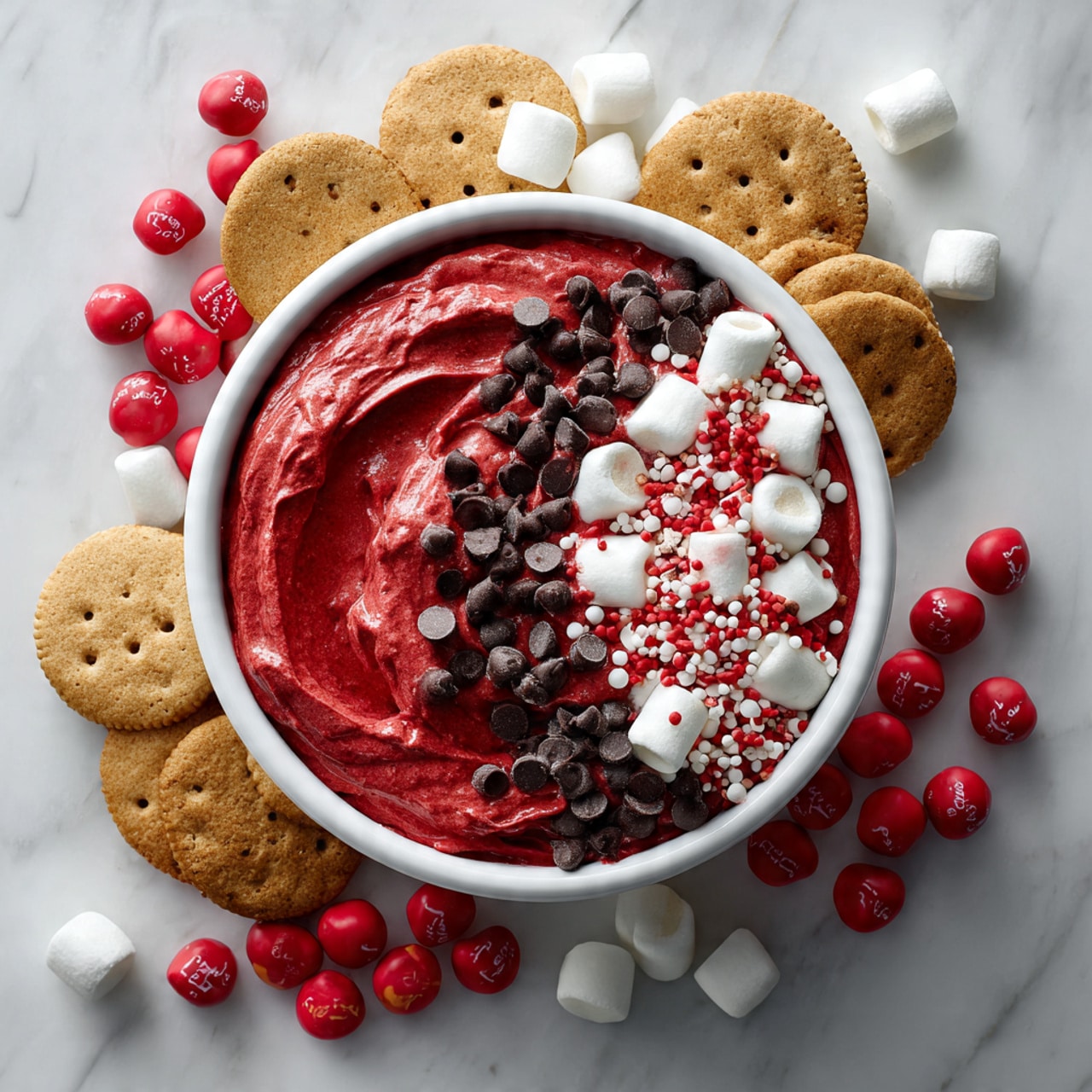 A white bowl filled with smooth, thick red dip spread evenly inside, topped with a mix of dark chocolate chips, white chocolate chips in different shapes, and small white and red sprinkles mostly on one side. Around the bowl, there are golden round cookies, square light brown crackers, small white marshmallows, and red wrapped candies on a white marbled surface. Photo taken with an iphone --ar 4:5 --v 7