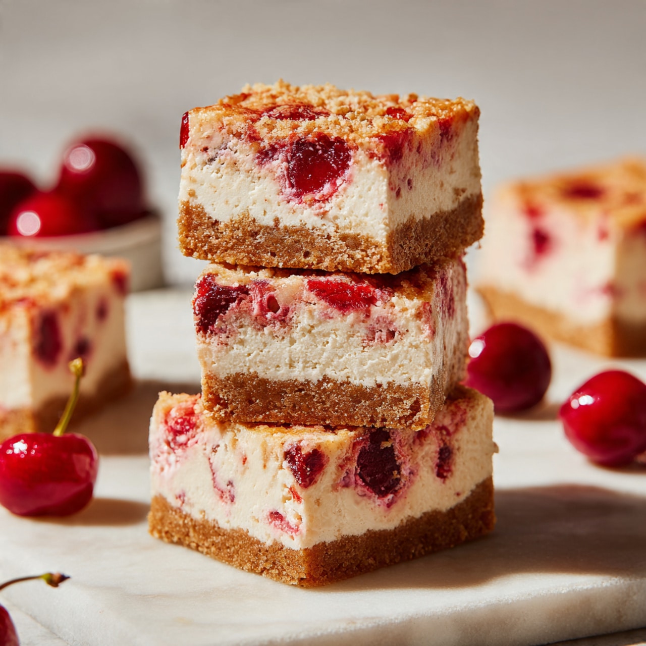 The image shows three square dessert bars stacked vertically in the center. Each bar has two layers: the bottom layer is light brown and crumbly, while the top layer is creamy white with visible bits of bright red cherries mixed throughout. The texture of the top layer looks smooth with sporadic cherry pieces, and the bars are placed on a white marbled surface. Around the stack, there are a few more pieces of the dessert slightly blurred in the background and some loose red cherries scattered nearby. Photo taken with an iphone --ar 4:5 --v 7