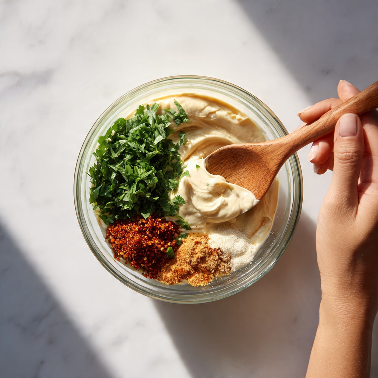 A clear glass bowl sits on a white marbled surface with a light gray cloth beside it. Inside the bowl, there are four groups of ingredients arranged separately: creamy light beige sauce on the left, fresh chopped green herbs on the right, a small pile of reddish-brown powder near the bottom left, and a small pile of light brown powder next to it toward the center. A woman's hand is holding a wooden spoon with some of the creamy sauce. The overall look is fresh and colorful, ready to be mixed. photo taken with an iphone --ar 4:5 --v 7