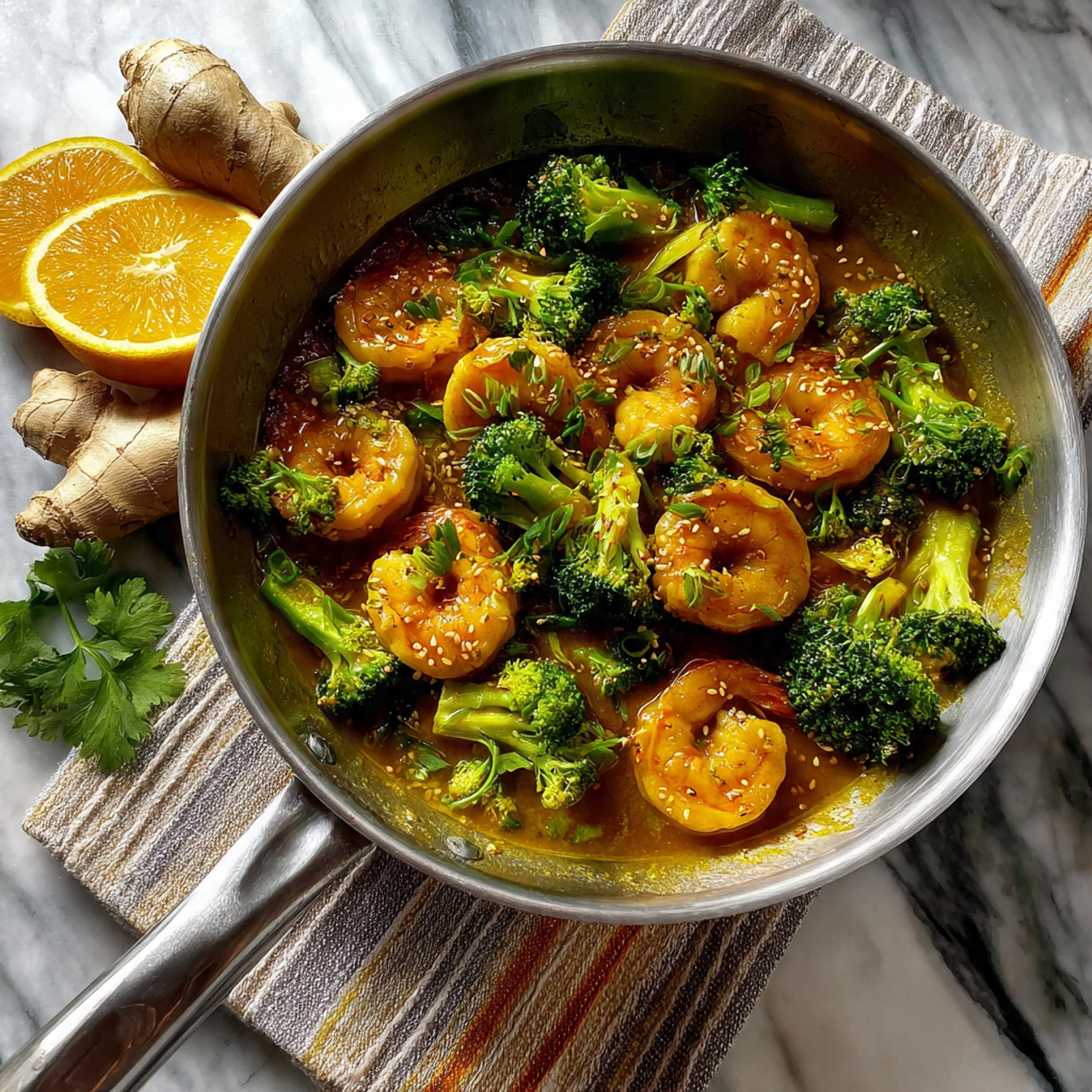 The image shows a metal pan filled with three layers: the bottom layer is a light brown sauce, the middle layer is bright green broccoli florets spread evenly, and the top layer has pink and white shrimp scattered over the broccoli. The pan sits on a white marbled surface with a white cloth featuring orange stripes underneath it. To the left of the pan, there is a slice of orange, some fresh ginger root, and a small brown bowl with white sesame seeds. The photo was taken with an iphone --ar 4:5 --v 7