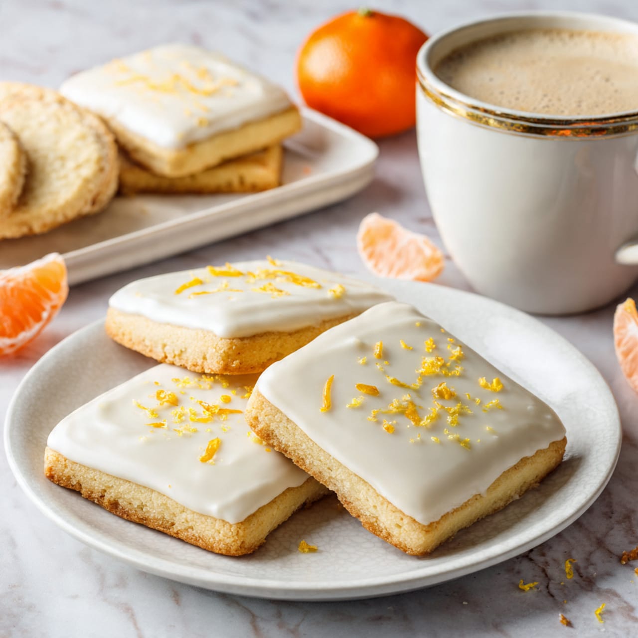 The image shows three square cookies on a white plate, each cookie has a smooth, light cream-colored icing layer on top, decorated with small orange zest sprinkles. The cookies have a golden-brown base layer that is slightly visible under the icing. To the right of the plate, there is a white cup filled with coffee that has a frothy light brown surface texture. In the background, there is a long white platter with more of the same iced cookies piled together, and on the left side of the plate, two halves of a bright orange tangerine are placed directly on a white marbled surface. photo taken with an iphone --ar 4:5 --v 7