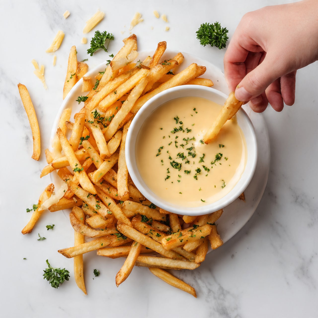 A white oval plate filled with many golden, crispy French fries sprinkled with green parsley and grated cheese surrounds a small glass bowl of light orange creamy sauce in the center. A woman's hand is dipping two fries into the sauce, which drips slightly. Some fries and bits of parsley and cheese are scattered around the plate on a white marbled surface. A white cloth with red stripes is partly under the plate. Photo taken with an iphone --ar 4:5 --v 7