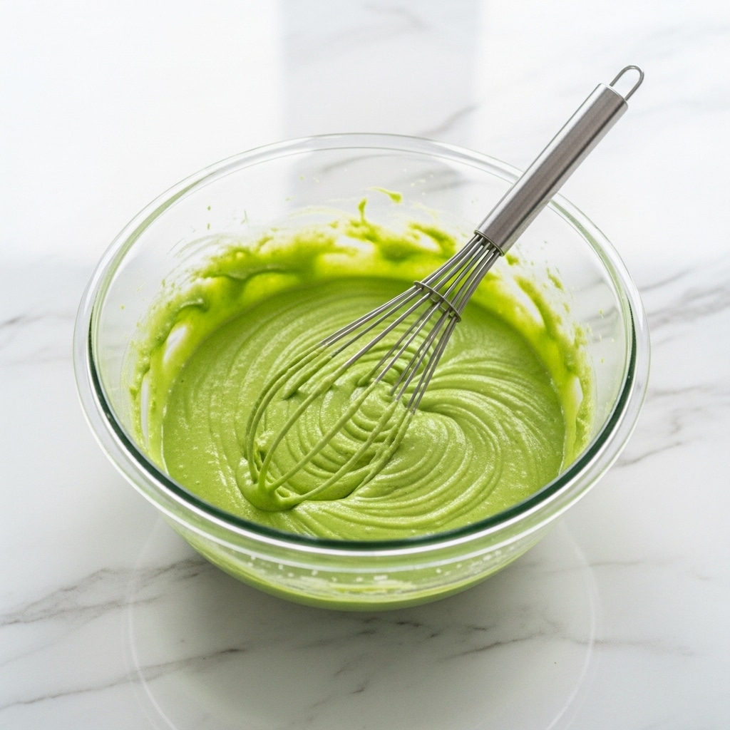 A clear glass bowl sits on a white marbled surface, filled with a smooth, bright green mixture that spreads evenly across the bowl. A silver whisk rests inside the bowl, partially submerged in the green mixture, with light reflections showing the texture of the smooth sauce or batter. The scene is bright, clean, and simple, focusing on the vivid color and creamy texture of the mixture. photo taken with an iphone --ar 4:5 --v 7