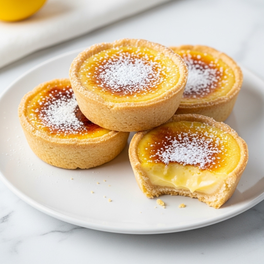 The image shows four small lemon tarts placed in a row on a white plate with a white marbled texture background. Each tart has a golden brown crust with a slightly crispy edge. The tarts have a creamy, smooth lemon filling that is pale yellow with a glossy texture. On top of each tart is a thin, round slice of lemon, lightly translucent with a fresh yellow color. The closest tart has a bite taken out, showing the creamy filling inside and some lemon cream spilling onto the plate. A whole yellow lemon is blurred in the background. The photo taken with an iphone --ar 4:5 --v 7