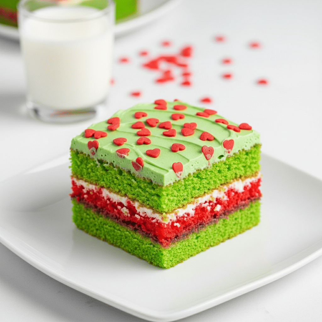 A square slice of cake sits on a white plate over a white marbled surface. The cake has three layers: the bottom layer is a green sponge, the middle layer is red and crumbly, and the top layer is smooth green frosting decorated with green sprinkles and small red heart-shaped sprinkles. Near the plate, a metal fork rests to the left. In the background, there is a clear glass mug filled with white milk and a white bowl with extra green sprinkles inside. The setting is bright and clean. photo taken with an iphone --ar 4:5 --v 7