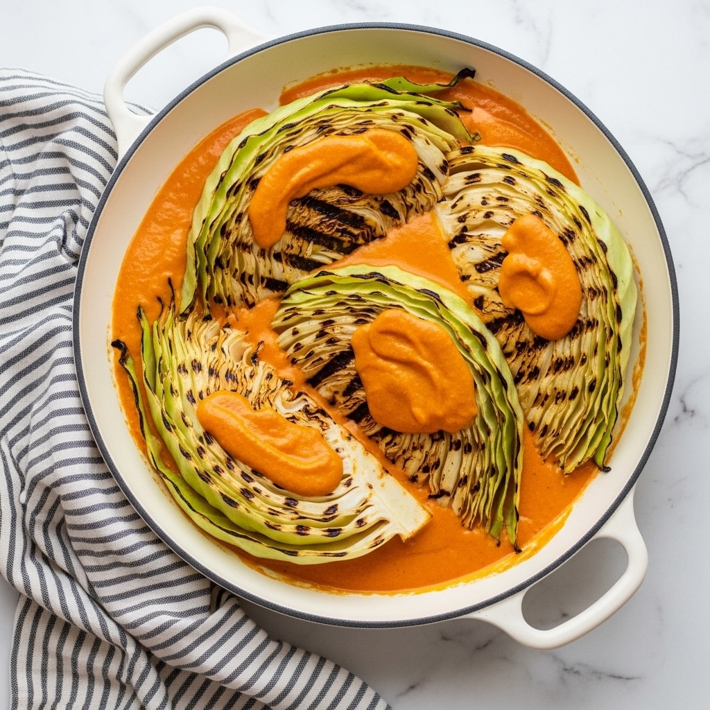 A white pan filled with six large wedge-shaped layers of cabbage, each showing a mix of light green outer leaves and soft white inner leaves, all grilled to have dark brown char marks mainly in the middle. The wedges sit in a shallow pool of thick, warm orange sauce that spreads evenly across the base of the pan. The pan is placed on a white marbled surface with a beige and white striped cloth partially visible on the right side. photo taken with an iphone --ar 4:5 --v 7