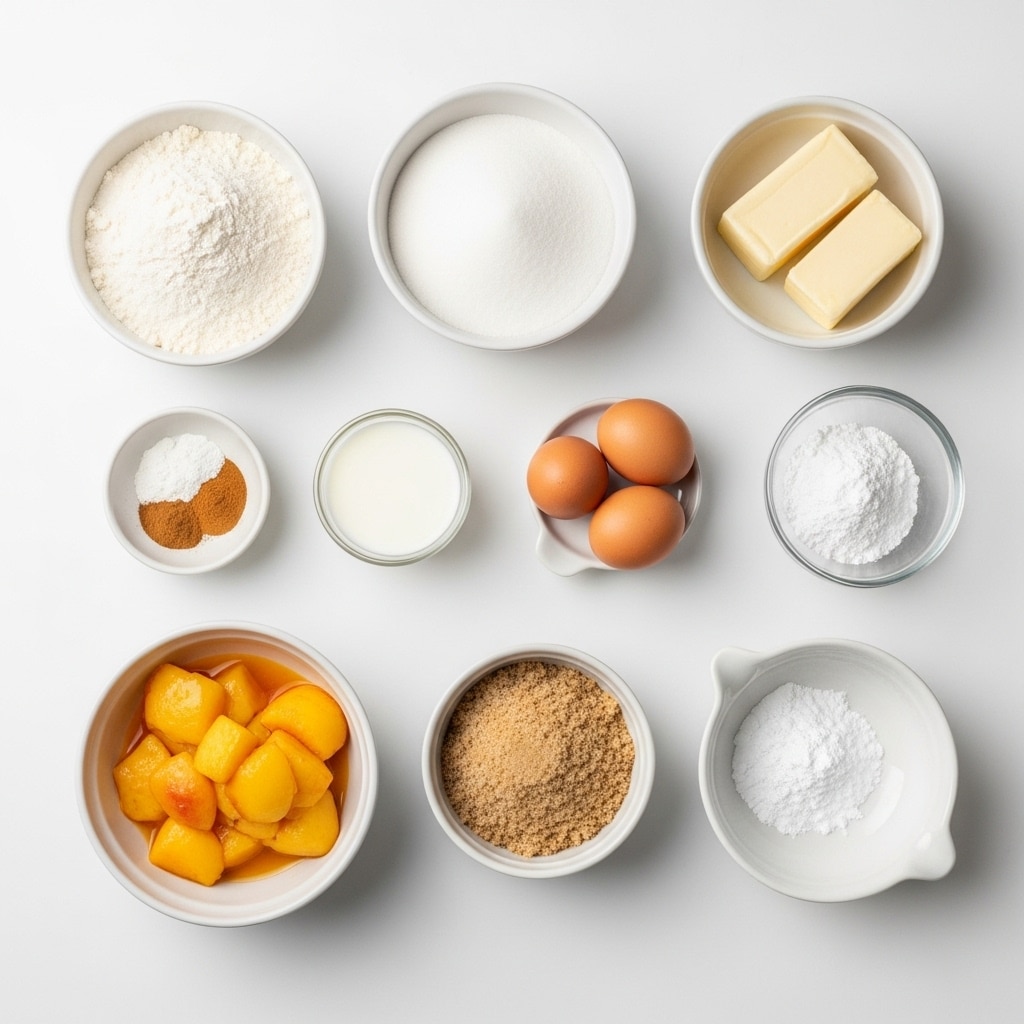 The image shows a white marbled surface with several clear and white bowls arranged neatly. In the top left, a white bowl holds orange and red sliced fruit pieces. To the right, there is a white bowl filled with white powder. Below the fruit, a small clear measuring cup holds milk, next to a small clear bowl with dry yeast and a small white spoon with a white powder. A clear bowl in the center contains several cubes of pale yellow butter. Near the bottom right, two brown eggs sit beside a small white bowl with thick white liquid. A metal whisk and a beige cloth are placed near the top right corner. Photo taken with an iphone --ar 4:5 --v 7