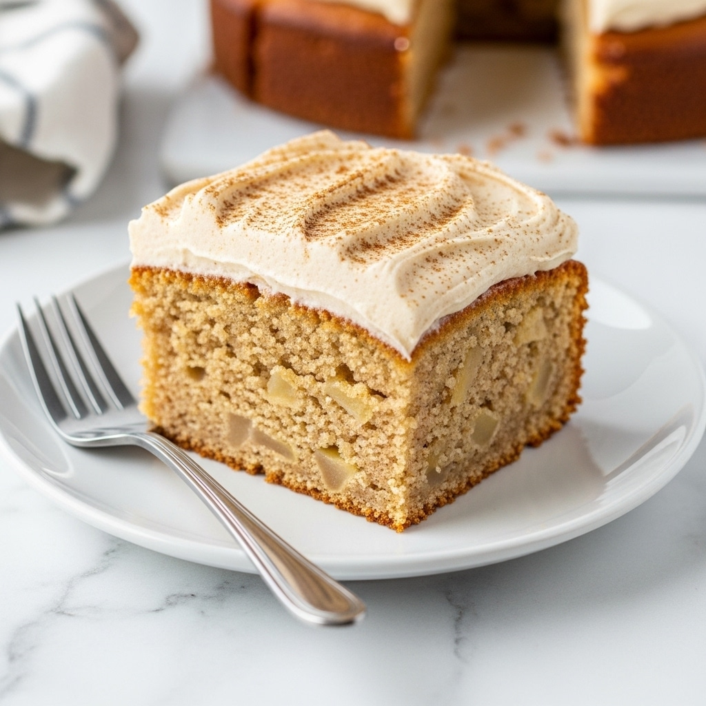There are eight square pieces of light brown cake on a black baking tray lined with wrinkled parchment paper. Each cake has one thick layer of creamy white frosting swirled on top, sprinkled with a light dusting of cinnamon. The texture of the cake looks soft and moist with visible small chunks inside. The tray is placed on a white marbled surface. In the background, there is a small white bowl with a brown powder and a wooden spoon inside, and a white coffee cup filled with coffee. Photo taken with an iphone --ar 4:5 --v 7