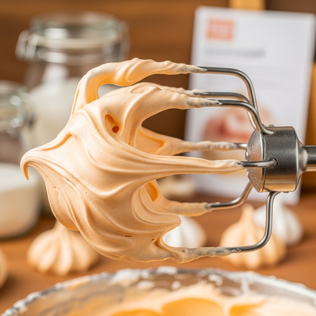 A close-up view of thick, creamy, light orange whipped frosting clinging to a mixer beater with a smooth, fluffy, and slightly swirled texture. The whipped frosting has high peaks and soft folds, showing its dense but airy consistency, with some small holes and thin strands stretching from the beater. The background is softly blurred, hinting at a white marbled surface under warm, natural light. photo taken with an iphone --ar 4:5 --v 7