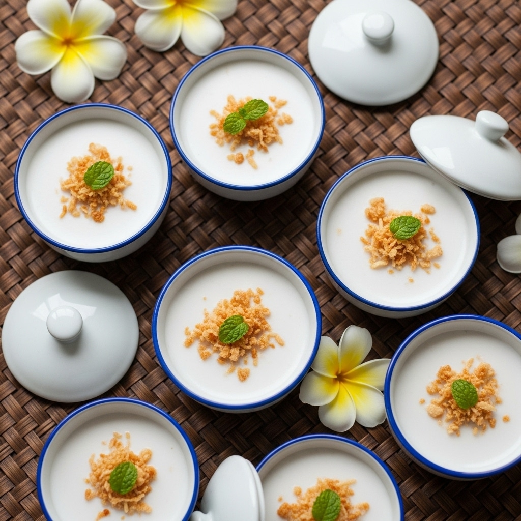 Several small white bowls with blue rims are filled with a smooth, creamy white dessert that has a slightly textured surface. Some bowls have matching lids resting upside down on top of them, showing their round, glossy, beige color. The bowls are arranged closely together on a light brown woven mat. In the background, there are a few white flowers with yellow centers and a white and blue patterned ceramic item. The whole scene is set on a white marbled surface. Photo taken with an iphone --ar 4:5 --v 7