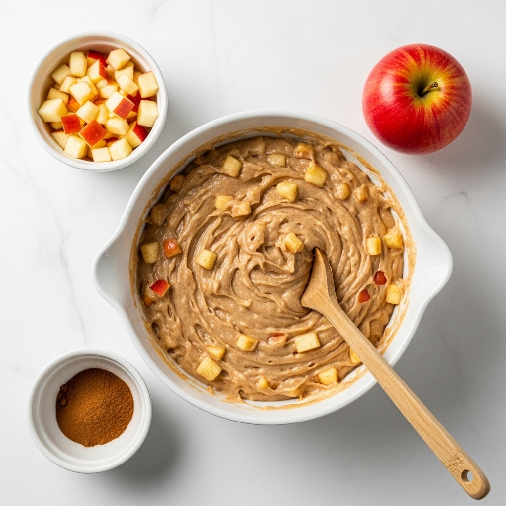 A white bowl is filled with a thick, creamy batter mixed with small chunks of apple pieces scattered throughout. A wooden spoon with a light brown handle rests inside the bowl, partially covered by the batter. Around the bowl, there is a small white bowl containing more chopped apple pieces and a small white bowl with brown cinnamon powder and a wooden spoon. An apple with red and yellow skin sits nearby on a white marbled surface. The whole scene has a warm, natural light. photo taken with an iphone --ar 4:5 --v 7