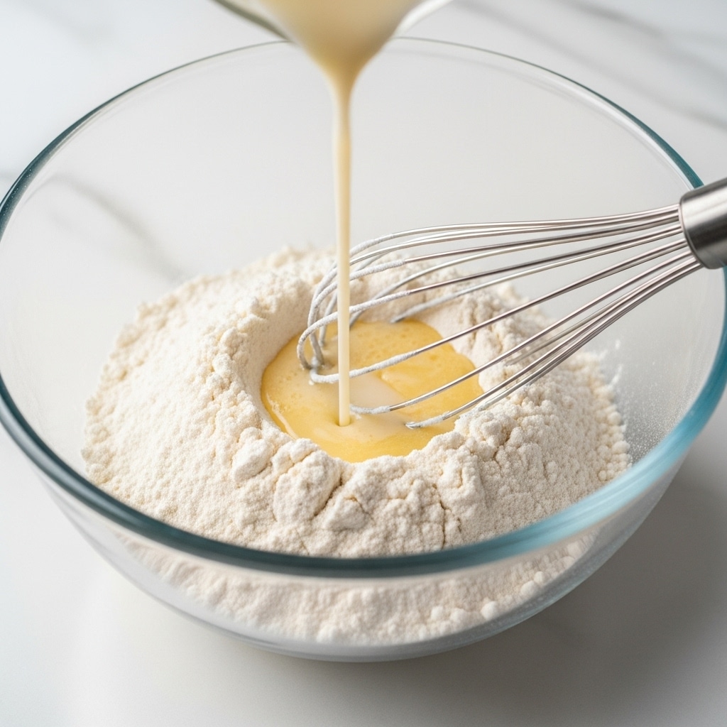 A clear glass bowl sits on a white marbled surface, filled with a white powdery substance, likely flour. A woman's hand pours a smooth, light beige liquid from a silver bowl into the center of the powder, creating a layered effect with the powder surrounding the liquid. A metal whisk is inside the glass bowl, partially submerged in the mixture. The background shows a hint of green, possibly from leaves or plants, adding natural colors to the scene. Photo taken with an iphone --ar 4:5 --v 7