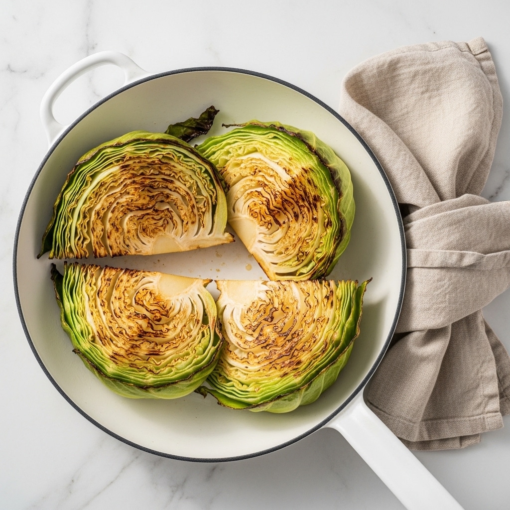 The image shows four large wedges of cooked cabbage in a white frying pan with black edges. Each cabbage wedge has a white core base with layers of light green and pale yellow leaves that are browned and slightly charred on the flat, cut side, showing a crispy texture. The wedges are placed evenly around the pan, which rests on a white marbled surface, and a beige cloth is partially visible on the lower right side. The inside of the pan shows some brown, cooked residue from the cabbage. photo taken with an iphone --ar 4:5 --v 7