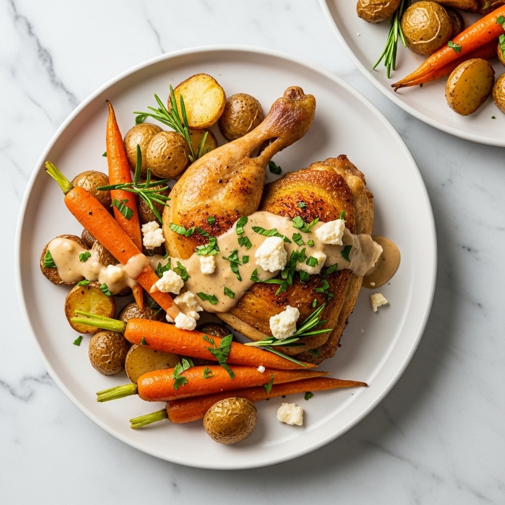 A white plate filled with roasted chicken pieces on top of a mix of golden roasted potatoes and orange carrot chunks, with caramelized onion slices scattered among the vegetables. The chicken has a golden brown crispy skin with visible grill marks and is sprinkled with fresh green herbs and small white cheese crumbles. The dish is set on a white marbled surface and in the blurred background, there is a bowl of leafy green salad and a small dish with more white cheese. photo taken with an iphone --ar 4:5 --v 7