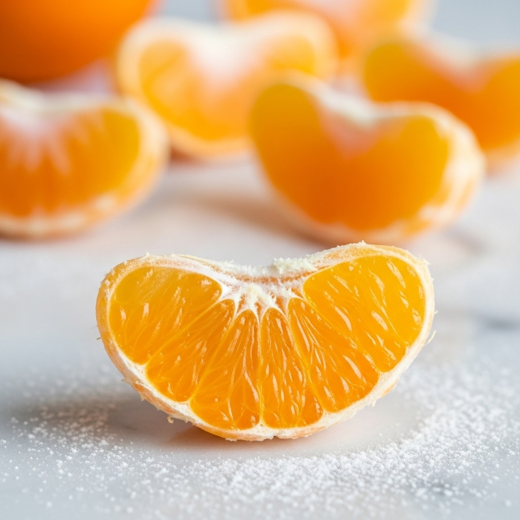 A close-up image shows two orange segments placed on a white marbled surface dusted lightly with white powder. The segment in the front is sharply in focus, showing its juicy, textured surface with delicate white veins, while the segment behind it is slightly blurred. In the background, other orange pieces are out of focus with soft, warm light spots adding a gentle glow and a calm atmosphere. The scene highlights the bright orange color and fresh texture of the fruit, with a smooth, blurred blue and neutral-toned background. photo taken with an iphone --ar 4:5 --v 7