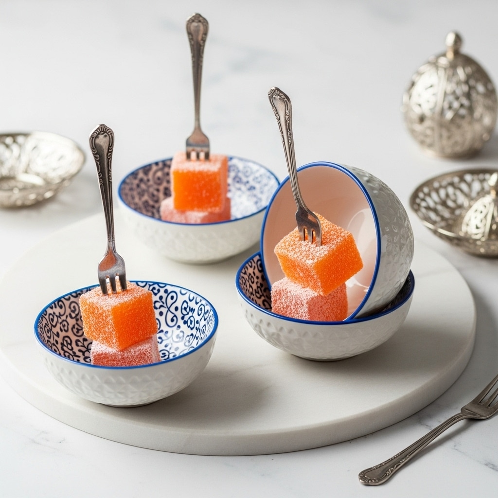 The image shows three white small bowls each holding a single chunky orange jelly square with a smooth top and slightly textured sides. Two bowls remain upright with a silver fork stuck vertically into the jelly, and one bowl is tilted sideways with jelly spilling slightly out. The bowls have vertical groove patterns and sit on a white marbled surface. A silver fork lies flat near the bottom right corner and a shiny silver decorative object with thin spikes is placed on the left side of the frame. The lighting is bright and clean, giving everything a fresh look. Photo taken with an iphone --ar 4:5 --v 7