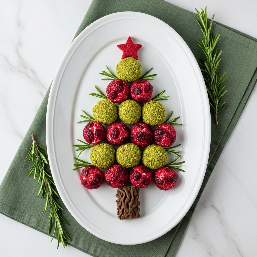 An oval white plate with a textured pattern holds 25 small round balls arranged in the shape of a Christmas tree, with alternating layers of red and green colors; the red balls have a rough texture from small red bits, while the green balls are covered in chopped nuts. Sprigs of fresh green rosemary decorate the tree shape, placed between and around the balls. The plate rests on a green cloth with additional rosemary sprigs placed around it. Two clear drinking glasses filled with water sit near the top right corner. The scene is set on a white marbled surface photo taken with an iphone --ar 4:5 --v 7