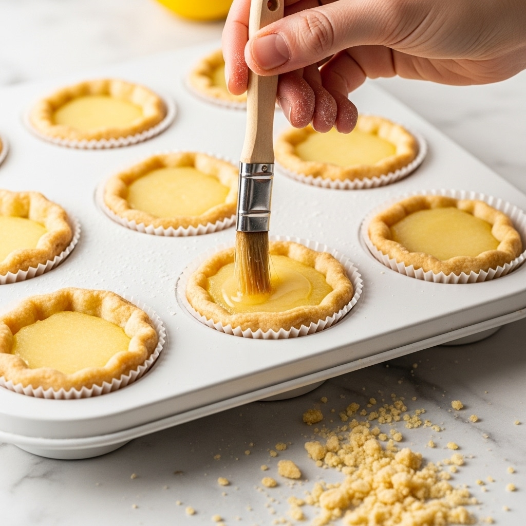 The image shows a metal muffin tray with nine freshly baked yellowish muffins, each in a white paper cup, placed on a white marbled surface dusted with flour. A woman's hand is using a wooden-handled brush to gently spread a glossy layer on the top of one muffin, which has a light dusting of powdered sugar and a soft, textured surface. In the foreground on the right, a wooden board holds crumbs or dough pieces, slightly out of focus. The background shows a softly blurred kitchen scene with warm lighting. Photo taken with an iphone --ar 4:5 --v 7