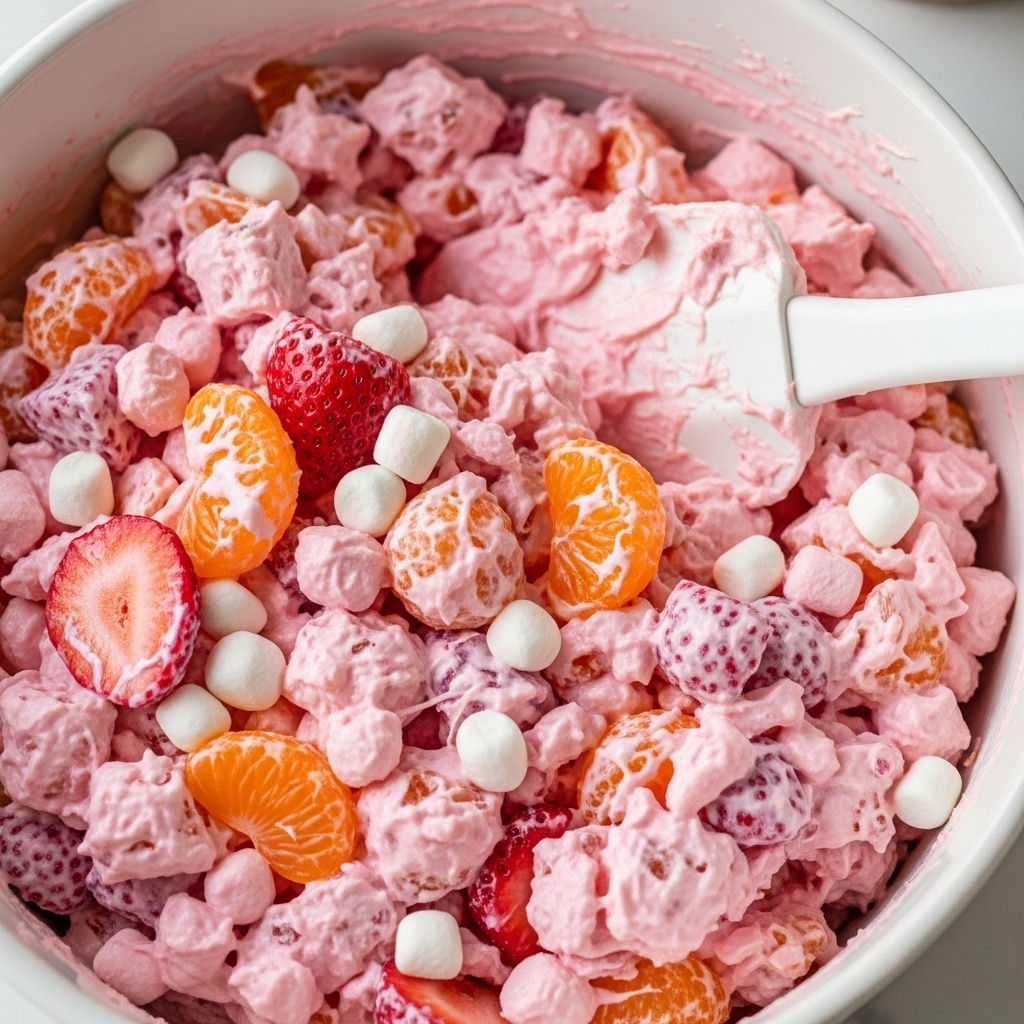 A close-up view of a white bowl filled with a thick, creamy mixture that has a light pinkish and off-white color with some small yellow and orange fruit pieces visible inside. The texture looks fluffy and slightly lumpy, with a white spatula resting in the bowl, coated with the same mixture. The bowl is placed on a white marbled surface with soft natural light coming from the upper left. Photo taken with an iphone --ar 4:5 --v 7