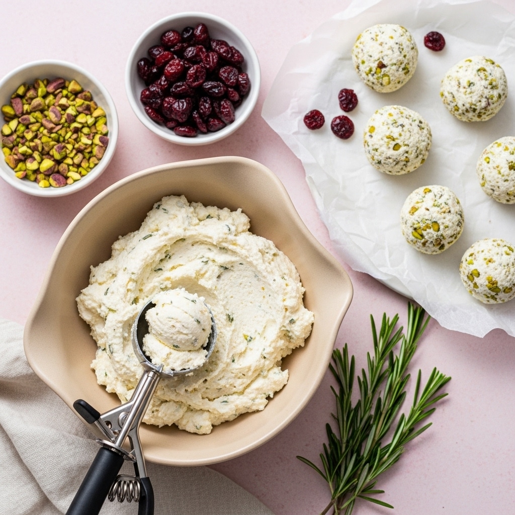 The image shows a close-up of a creamy, white cheese mixture in a beige bowl with a rough texture, partially scooped by a black and silver ice cream scooper. To the upper left are two smaller white bowls, one filled with chopped green pistachios and the other with small, bright red dried fruit pieces. Sprigs of fresh rosemary are placed next to the bowls on a soft, light pink background. At the bottom right, several small, round cheese balls are neatly placed on a white parchment paper. The photo taken with an iphone --ar 4:5 --v 7