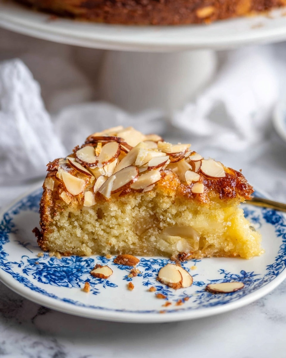 The image shows a single slice of almond cake on a white plate with blue floral patterns around the edge. The cake slice has two visible layers: the bottom layer is light yellow and soft with small chunks of fruit inside, and the top layer is golden brown with thin, lightly toasted almond slices scattered on top. Some almond slices fell on the white marbled surface around the plate. The cake slice has a slightly crumbly texture and a browned crust along the edges. The background is softly blurred, showing a white cake stand with more cake on it and a white cloth partially under the plate. Photo taken with an iphone --ar 4:5 --v 7