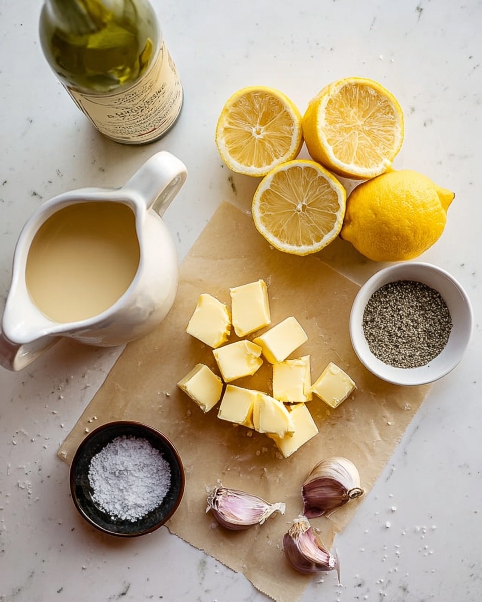 The image shows a white marbled surface with a small beige parchment paper in the center holding several small yellow butter cubes arranged in the lower middle, next to two garlic cloves with purple skin. Above the parchment paper, a small white pitcher filled with a creamy light beige liquid sits on the left. To the right of the pitcher, there are three halved yellow lemons with visible juicy interior segments, along with a small white bowl of black pepper and a small black bowl of coarse white salt. In the upper left corner, a green glass bottle with a beige label is partly visible. A woman's hand is not present in this image. Photo taken with an iphone --ar 4:5 --v 7