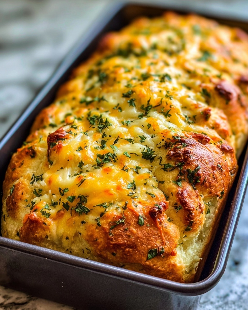 The image shows a golden baked loaf in a black baking pan. The top layer is uneven with melted yellow cheese that has browned in some spots. There are chopped green herbs sprinkled all over the top, adding a fresh look and color contrast. The bread underneath looks soft and fluffy with a slight crust forming near the edges. The baking pan rests on a white marbled surface with a blurred gas stove in the background. photo taken with an iphone --ar 4:5 --v 7