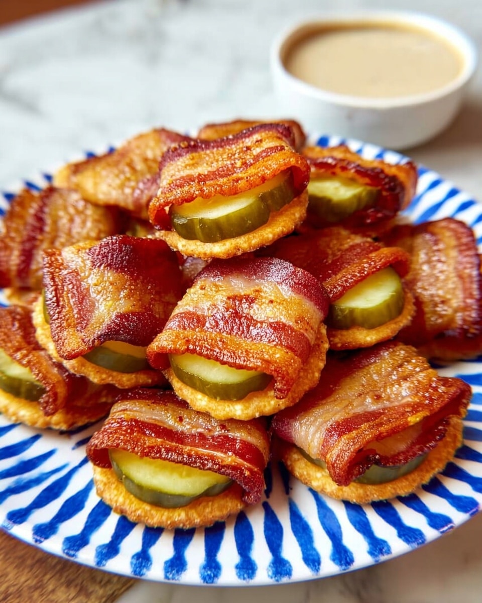 The image shows multiple small snacks placed on a metal grill rack, each made of three layers. The bottom layer is a round, golden-brown cracker with a slightly textured edge. On top of this cracker is a thick, green pickle slice centered in the middle. The top layer is another cracker, wrapped in a strip of raw bacon that covers the sides and holds the cracker and pickle together. The bacon is sprinkled generously with red-orange seasoning, giving a spicy appearance. The background is dark, with the grill rack resting on a white marbled surface. photo taken with an iphone --ar 4:5 --v 7