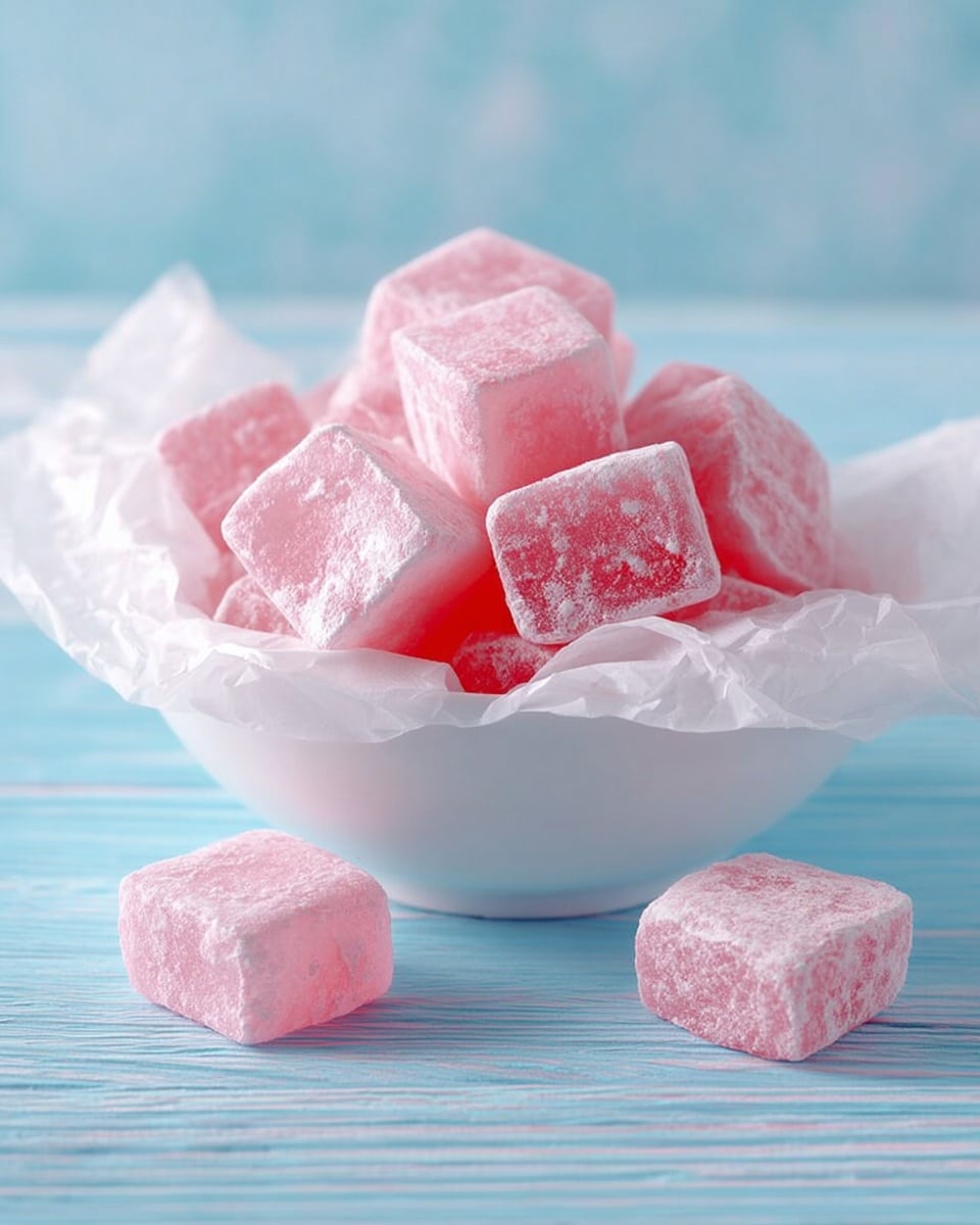 The image shows a white bowl filled with soft pink square candies, each piece looking smooth and slightly translucent with a powdery coating. The bowl is lined with white parchment paper that folds around the candy, adding texture. Several pink candy squares are scattered outside the bowl on a blue wooden surface. The candies have a shiny, jelly-like look with some matte powder on top. The background is a soft pastel blue, making the pink candies stand out. photo taken with an iphone --ar 4:5 --v 7