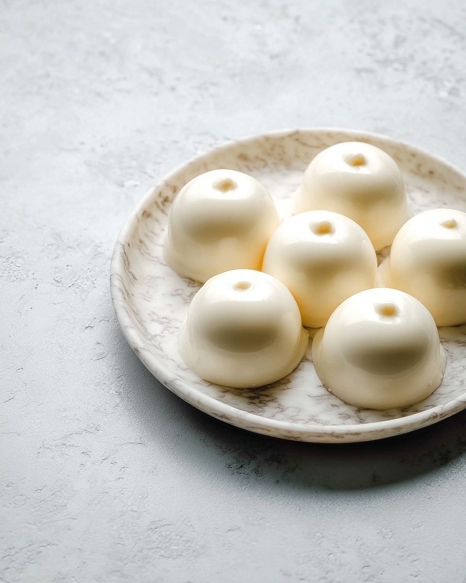 The image shows a round white marble textured plate holding seven smooth, white, dome-shaped desserts arranged closely together. Each dome has a small, smooth dip or indentation at the top center. The domes have a creamy, slightly shiny texture, giving them a soft, light appearance. The plate sits on a white marbled textured surface, and the overall look is clean and minimalist. photo taken with an iphone --ar 4:5 --v 7