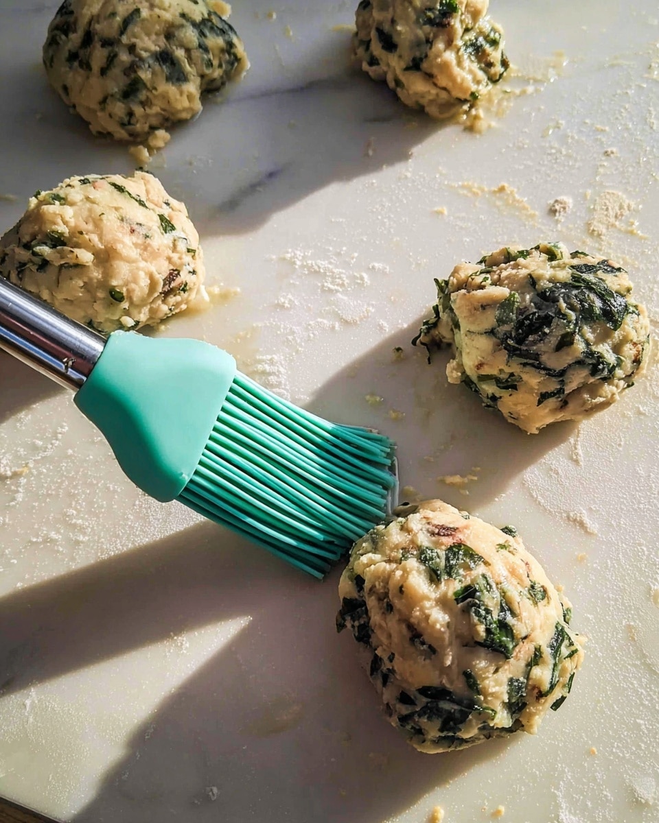 The image shows small, round dough balls with visible green herbs and bits of light brown mixed in, placed on a flat, white marbled surface. A turquoise silicone brush with a metal handle is spreading a thin layer of oil or butter on the surface between the dough balls, giving a shiny texture to that area. There are four lumps arranged loosely around the brush in a square shape, each with a rough, uneven texture filled with leafy green pieces. The lighting casts soft shadows behind the dough balls and brush, making the scene warm and natural. Photo taken with an iphone --ar 4:5 --v 7