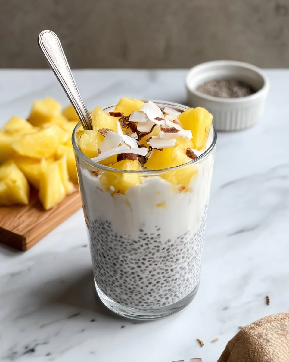 A clear glass filled with three layers shows a creamy white chia seed pudding with tiny black chia seeds throughout as the bottom layer. On top is a smooth white cream layer. The topmost layer has small yellow pineapple chunks and white coconut flakes with dark brown edges scattered over the cream. A silver spoon is placed inside the glass from the right side. The glass is set on a white marbled surface with a small wooden board in the background holding more pineapple pieces and a small white ramekin with a dark spice inside. Photo taken with an iphone --ar 4:5 --v 7