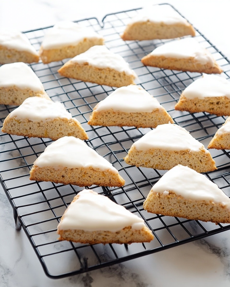 A close-up view of a triangular scone with two layers; the bottom layer is a golden-brown, crumbly baked scone with a coarse texture, and the top layer is a thick, smooth white icing slowly dripping down the sides in small streams. The scone rests on a black cooling rack, which is placed on a white marbled surface. In the background, there are blurred images of similar scones also iced and placed on the same black rack. The lighting is soft and natural, showing the moist texture of the icing. photo taken with an iphone --ar 4:5 --v 7