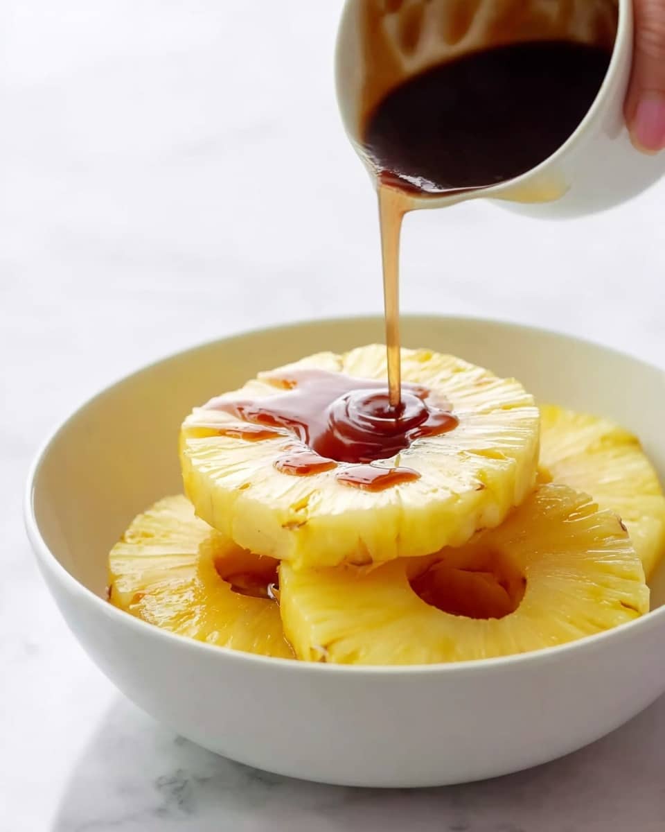 A white bowl on a white marbled surface contains four round pineapple slices stacked flat, each with a hollow center. A woman's hand pours a thick, dark brown liquid over the top pineapple slice, causing it to pool and gently drip down. The pineapple slices are bright yellow with a slightly textured, juicy surface. The white bowl contrasts with the vibrant pineapples and dark sauce being poured, creating a clean and fresh look. photo taken with an iphone --ar 4:5 --v 7