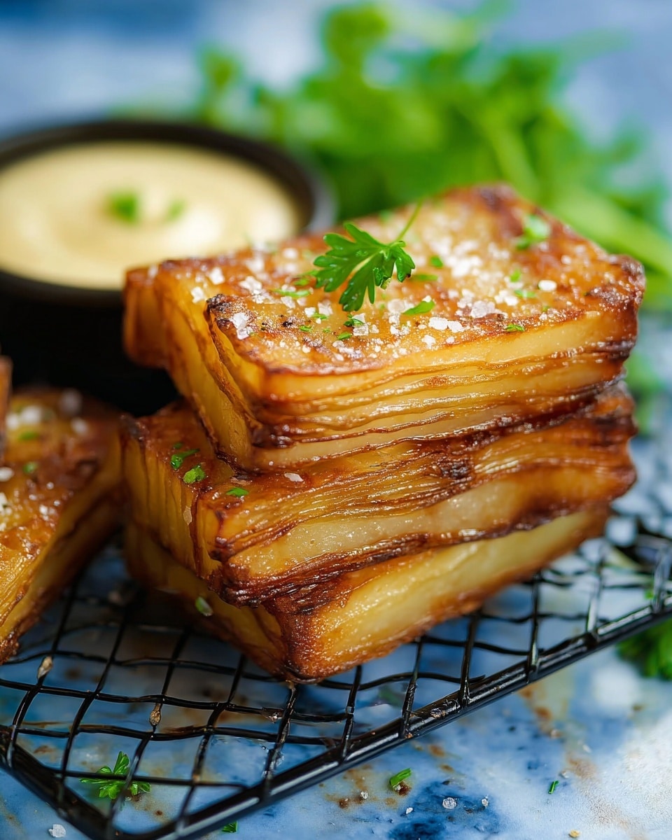 Three pieces of golden brown roasted potato wedges are placed on a fresh, green lettuce leaf. The potatoes have a crisp, slightly charred texture with sparkling white salt crystals scattered on top. Next to the potatoes on the right side, there is a small black pan with a wooden handle containing a thick red sauce. The whole arrangement is set on a white marbled surface with a rustic wood pattern blurred in the background. Photo taken with an iphone --ar 4:5 --v 7