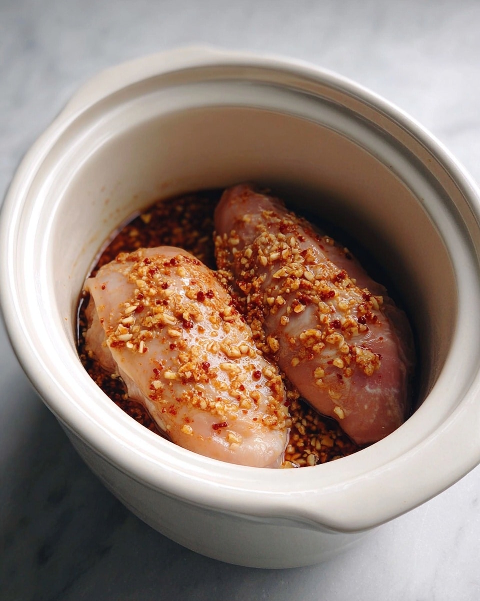 The image shows two raw chicken pieces placed side by side inside a white ceramic crock pot. The chicken is covered with a sauce mixed with small bits of garlic or spices, giving the surface a textured look with small orange and light brown speckles. The crock pot sits on a white marbled textured surface. photo taken with an iphone --ar 4:5 --v 7