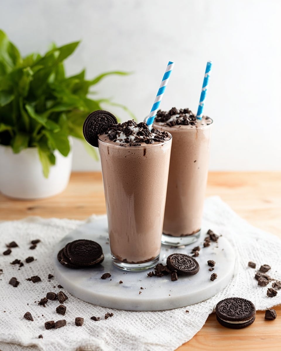 Two tall clear glasses filled with a creamy chocolate milkshake are shown on a round white marble plate. Each milkshake has a smooth light brown base topped with crushed dark chocolate cookies and small chocolate chips. Both have a blue and white striped straw inserted in the glass. Around the glasses on the plate and wooden table, whole chocolate sandwich cookies and scattered chocolate chips add texture and detail. In the soft background, a green potted plant sits against a clean white wall, and a white textured cloth partly covers the table. photo taken with an iphone --ar 4:5 --v 7