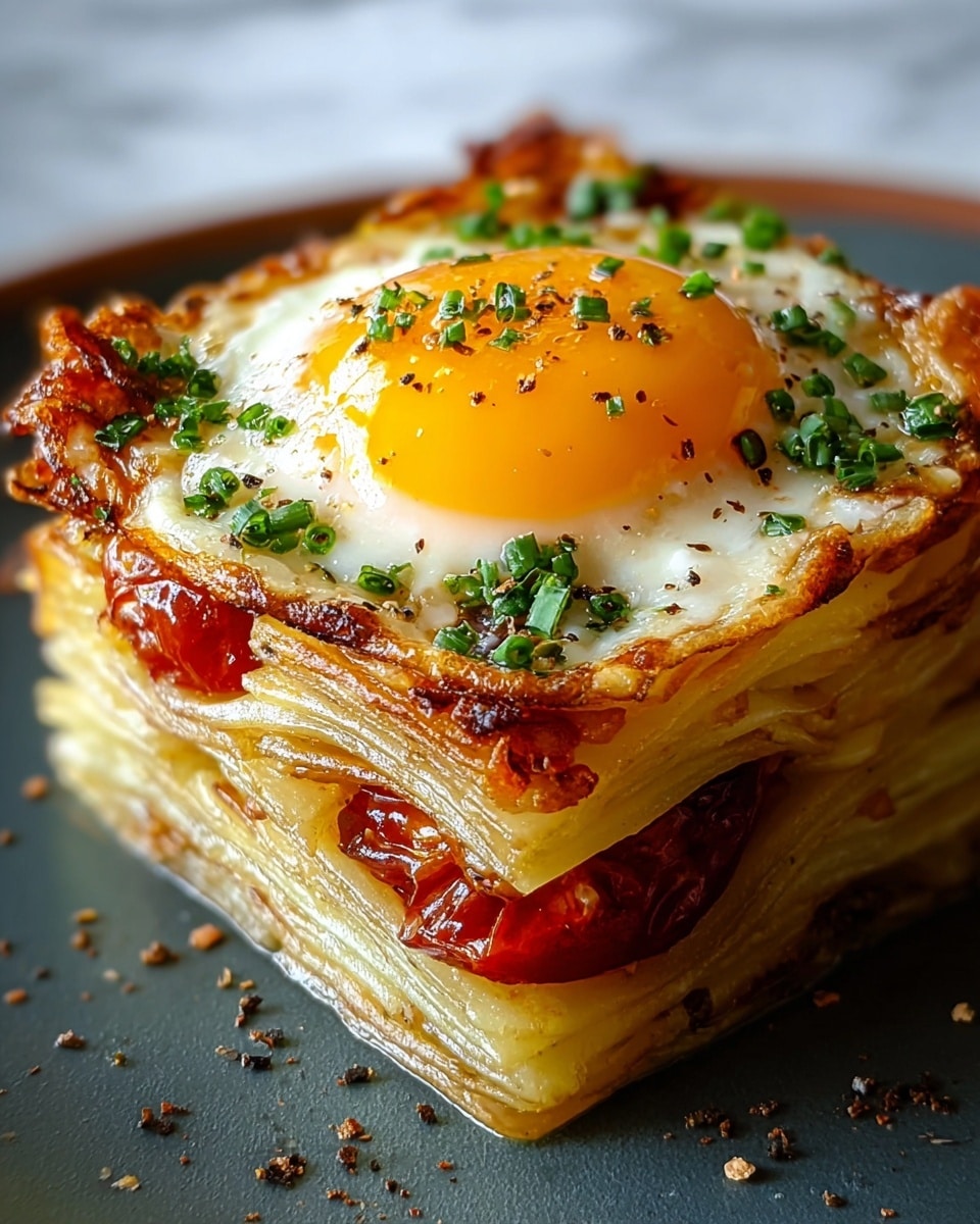 A square stack of many thin, golden-brown layered potato slices forms the base, with small roasted cherry tomato pieces tucked in between some layers. On top of the potato layers, there is a fried egg with a bright yellow yolk in the center, surrounded by white egg whites that have lightly browned edges. The yolk is topped with small bits of chopped green herbs, and the whole dish has scattered black pepper flakes. The stack is placed on a dark gray plate over a white marbled texture. Photo taken with an iphone --ar 4:5 --v 7