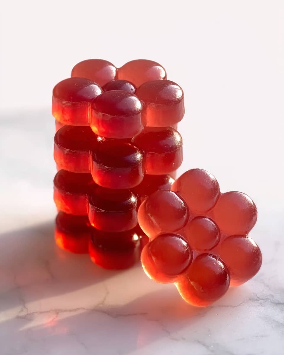 The image shows a stack of reddish-orange, flower-shaped gummy candies arranged in four layers on a white marbled surface. The gummies have a shiny, smooth texture and are translucent, allowing light to pass through and create a glowing effect. One candy lies flat next to the stack, clearly showing its hexagon-like petals. The lighting is bright and soft, highlighting the glossy surface of the candies. photo taken with an iphone --ar 4:5 --v 7