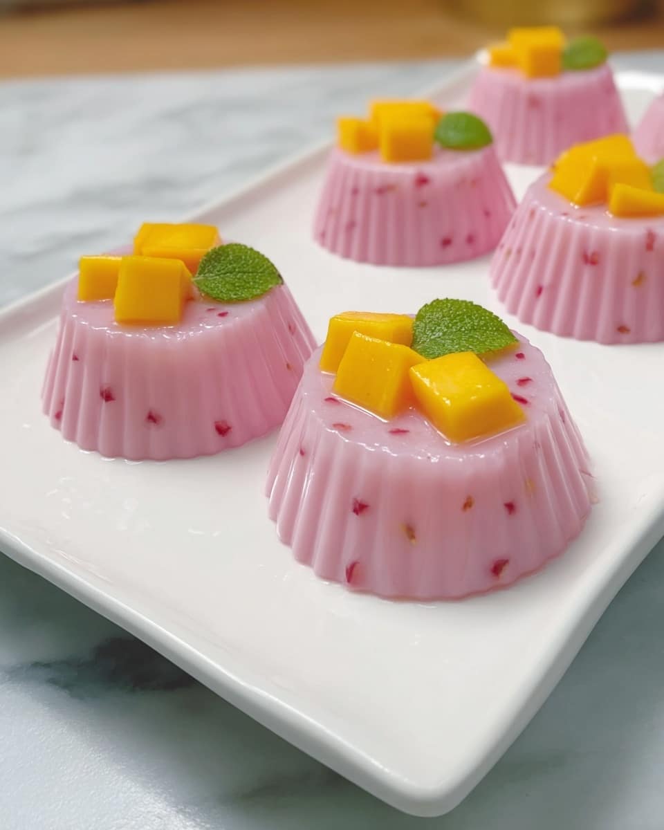 There are four pink, round jelly desserts on a white rectangular plate with a slightly raised edge. Each jelly has a smooth texture with small red spots inside and vertical ridges along the sides. On top of each jelly, there are three small, bright yellow mango cubes arranged together with two small green leaves placed next to the mango cubes. The plate rests on a white marbled surface with soft lighting from the background. Photo taken with an iphone --ar 4:5 --v 7